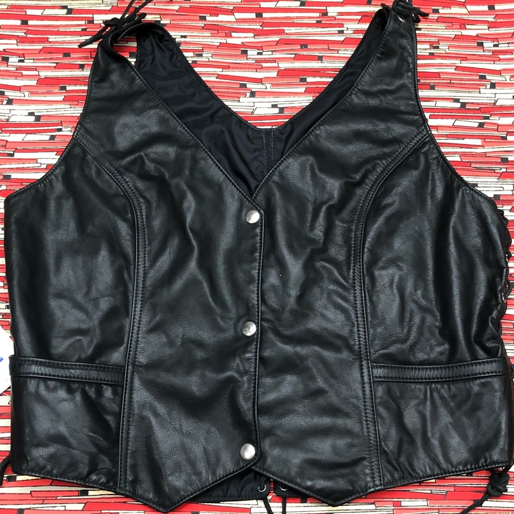 NWT Black Genuine Leather Lace-up Biker Vest, XL